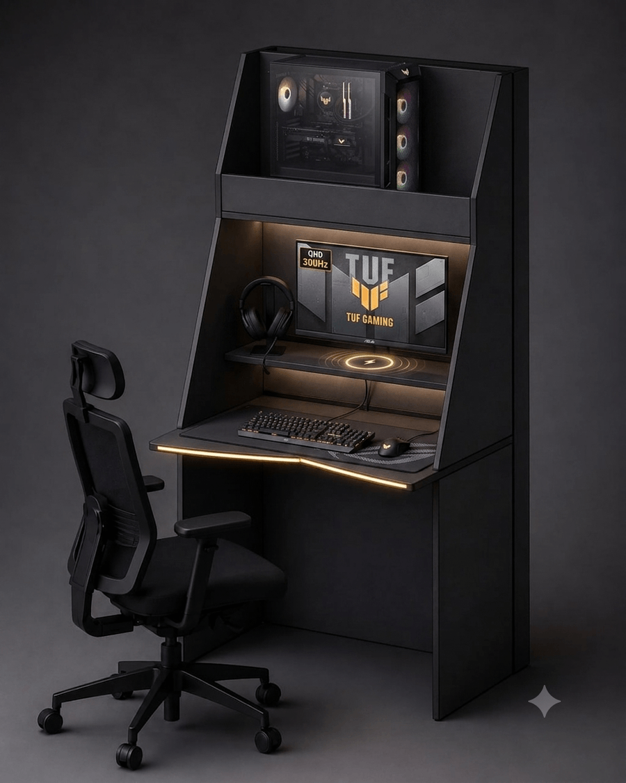 Voll ausgestatteter Gaming-Platz bei Tira — Laden und Konnektivität für deine Geräte